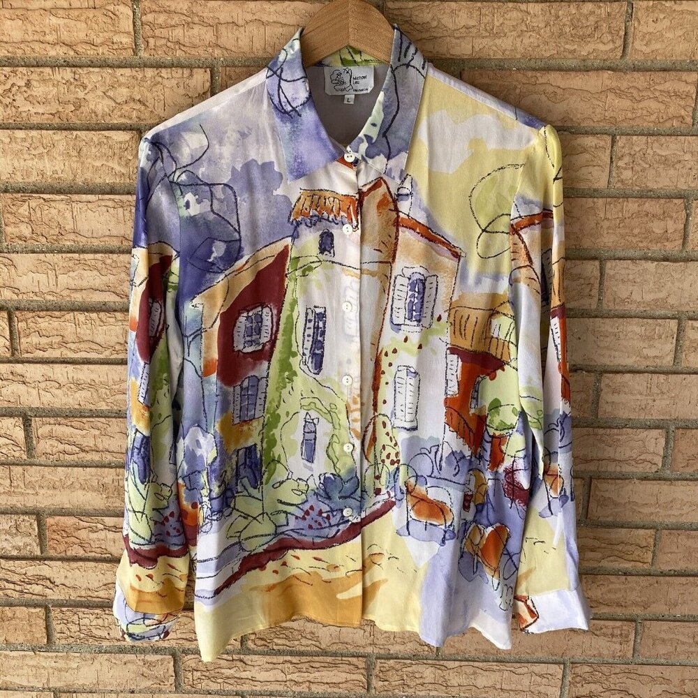 Silky Abstract Village Print Button-Up Blouse - Multicolor